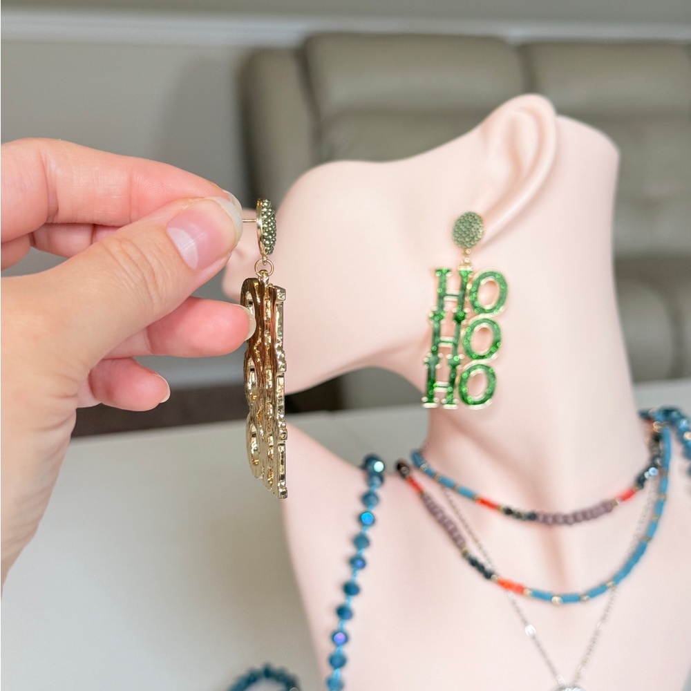 Green 'HO HO HO' Glitter Drop Earrings - Picture 4 of 9